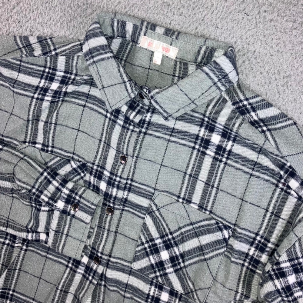 Stella Tweed Plaid Cropped Flannel Shirt Women M Sage‎ Green L/S Relax Soft Girl